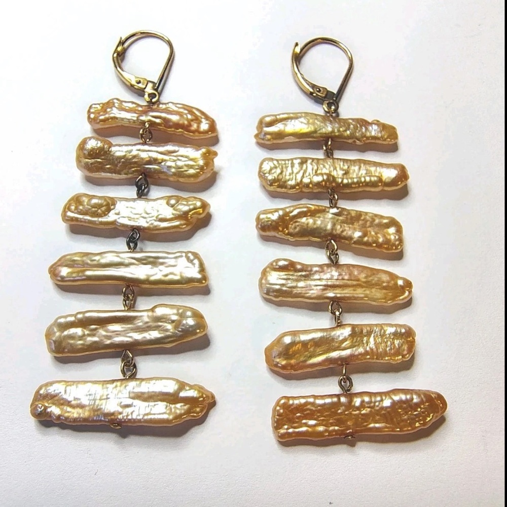 RARE Gold Filled Lake BIWA JAPAN Baroque Golden Yellow Pearl Dangle Earrings